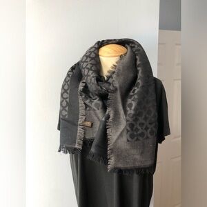Coach Silk Wool Blend Grey & Black Signature Scarf